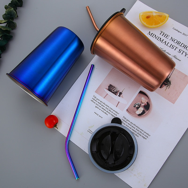 500ml 304 Stainless Steel Coffee Mugs Metal Straw Reusable Tumbler Pint Outdoor Camping Travel Mug Drinking Juice Tea Beer Cups