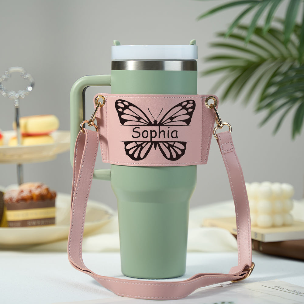 Personalized Butterfly Water Bottle Carrier Bag for 40oz Stanley Tumbler with Adjustable Strap Gift for Women